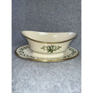 Lenox Holiday Vintage 24K Gold Rimmed Gravy Boat + Attached Under Plate EUC